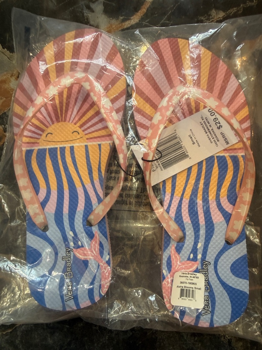 Vera Bradley Sunset Wave Pink and Blue Flip Flops